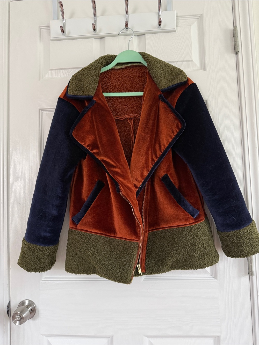 Hutch Colorblock Faux Shearling/Velvet Jacket in Rust, Olive & Navy